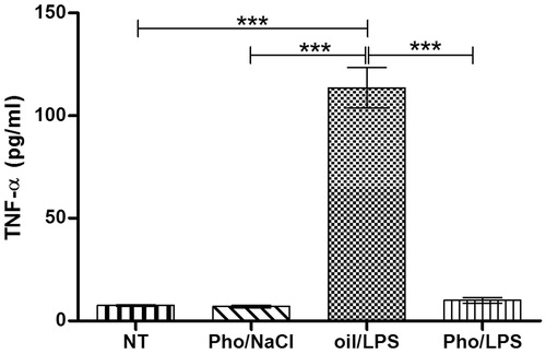 Figure 3. The effect of Pho on plasma TNF-α level in animals treated with LPS vs. Pho/NaCl, oil/LPS and non-treated rats (NT). Pho and LPS were injected at 07:00 h and at 09:00 h, respectively. Plasma was collected at 12:00 noon. Each group of animals consisted of four rats. Asterisks indicate significant difference (***p < 0.001) in the legend of figure 3.