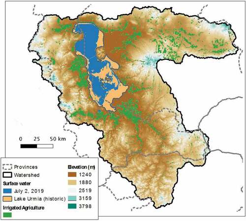 Figure 4. As agricultural water consumption increased in Lake Urmia’s basin the lake shrank from its historical extent due to a persistent negative water balance. Irrigated agricultural areas are from Meier et al. (Citation2018); historical lake extent, Lehner and Döll (Citation2004); watershed area (Lehner and Grill Citation2013); and current surface water extent from Landsat Normalized Difference Vegetation Index (NDVI) subject to the threshold of NDVI<-0.1.