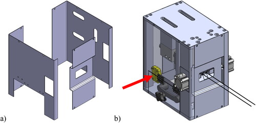 Figure 16. Physical sheet metal protections (a), and sensor from PILZ for the stripping machine (b).
