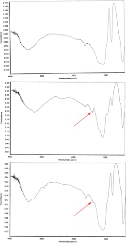 Figure 1.  (A) Infrared spectra of SiO2 (Silica gel only). (B) Infrared spectra of catalyst (NH4H2PO4/SiO2) before using it. (C) Infrared spectra of catalyst (NH4H2PO4/SiO2) after using it.