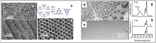 Figure 10. High-resolution AFM images of CA.M deposited on BP (a). Arrows indicate the direction of the principal axis of the CA.M structure, which is aligned with the BP rows. The inset shows the underlying BP.(b) A schematic of melamine, cyanuric acid and the CA.M complex (c) A high-resolution AFM image with individually resolved molecules. (d-e) Optical micrographs and (g-h)XPS spectra taken illustrating the passivation of BP by CA.M by comparing non-passivated BP exposed to ambient conditions (d and g) BP passivated with CA.M (e and h). Adapted with Permission from ref 68. Copyright © 2017 Nature Publishing Group.