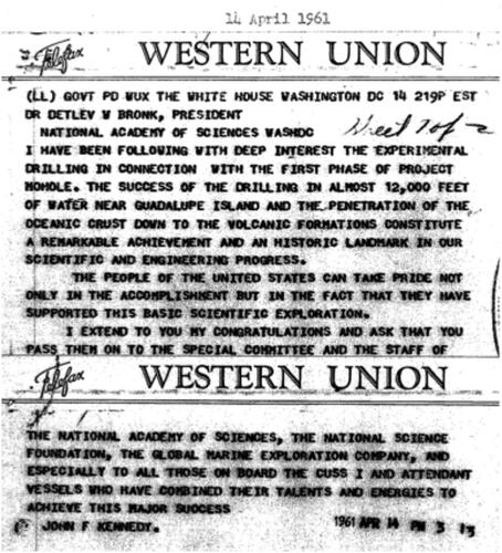 Figure 3. Recovering sub-seafloor basalt was a major scientific accomplishment at the time, and it inspired a congratulatory telegram from President John F. Kennedy.