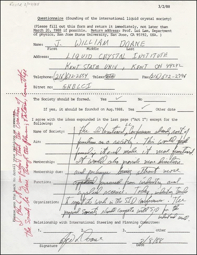 Figure 27. Questionnaire filled out by Bill Doane (Mar. 8, 1988). This was one of many from Kent collected by Elaine Landry, Assistant to Doane the Director, and sent to me in a package.