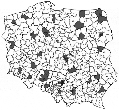 Figure 1. The area of Poland divided into administrative units: voivodeships (thick lines) and counties (thin lines). Locations of 28 counties in which the white stork numbers of 1958 vs 1974 were compared are marked grey. Grey markings are adjusted to county borders from 1958