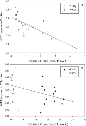 Figs 8, 9. Extent of NIFT response to a Pi-spike (10 µM) as a function of P:C ratio in Pi-depleted batch cultures (Fig. 8) and extent of NIFT response to a CO2-spike (100 µM) as a function of P:C ratio in low CO2 batch cultures (Fig. 9) of Chlamydomonas acidophila. Lines represent significant correlations (Pearson correlation; r = −0.65, P < 0.005: Fig. 8 and r = −0.43, P < 0.05: Fig. 9).