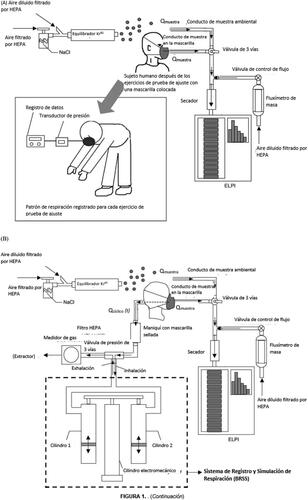 Figura 1. (A) Montaje experimental para la evaluación de las mascarillas autofiltrantes/quirúrgicas colocadas en un sujeto humano; (B) Montaje experimental para la evaluación de las mascarillas autofiltrantes/quirúrgicas en un maniquí equipado con un Sistema de Registro y Simulación de Respiración.