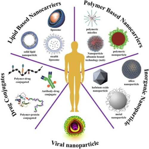 Figure 4. A synopsis of currently available nanomedicines for the treatment of cancer. Clinical studies are looking into a wide range of platforms as nanocarriers, such as drug-conjugated NPs, viral NPs, inorganic NPs, polymer-based NPs, and lipid-based NPs. Reproduced with permission from reference (Aghebati-Maleki et al., Citation2020).