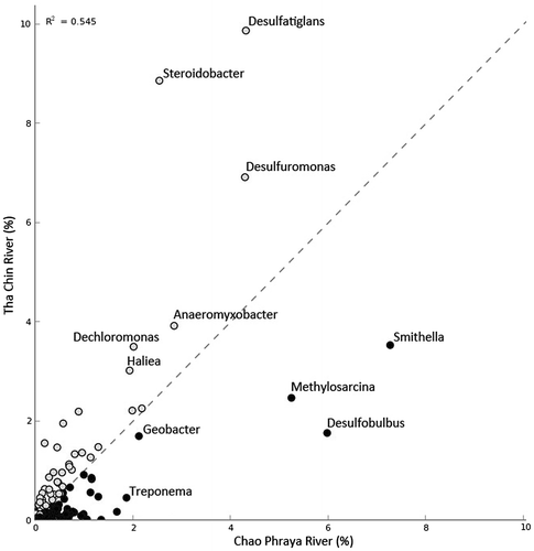 Fig. 4. Scatter plot showing relative abundances of bacterial genera from Chao Phraya with Tha Chin rivers.