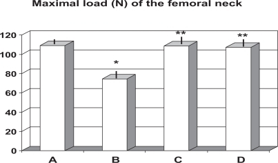 Figure 3 Effect of ovariectomy and supplementation of RCE and RCE + BP on maximal load on femoral neck (mean ± SD).