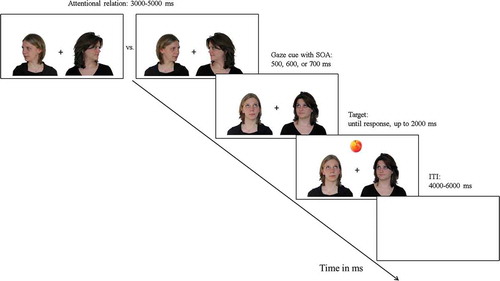Figure 1. Sequence of events on each trial. After looking at each other or away from each other, the two faces simultaneously shifted their gaze to a location that was either congruent or incongruent with the target location.