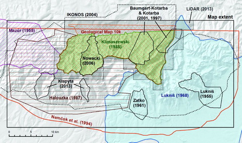 Figure 3. Spatial extent of previous geological and geomorphological maps, which contain information on glacial landforms and deposits, and the extent of remote sensing data utilized in this study: IKONOS (2004) – Ikonos satellite multispectral image taken in August of 2004, 1 m resolution (source: Tatra National Park, Poland); LiDAR (2013) – 1 m resolution DEM from laser scanning (source: CODGIK, Poland); Geological Map 10 k – Geological Map of the Polish Tatra Mountains at a scale of 1:10 000, 14 sheets (1958–1978), S. Sokołowski & K. Guzik (Eds), Wydawnictwa Geologiczne, Warszawa.