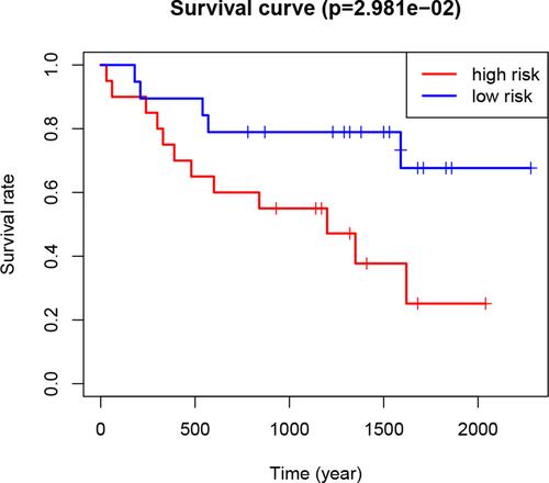 Figure 6 Kaplan–Meier curves of overall survival of RCC patients in the high- and low-risk groups (based on the median risk score involving two m6A RNA methylation regulators) in the Gene Expression Omnibus dataset.