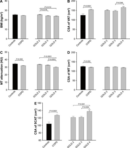 Figure 2 Group mean values ± SD for BMI (A), CSA of VAT (B), MT attenuation (C), CSA of MT (D) and CSA of SCAT (E) in patients with COPD (gray bars) and in controls (black bars).