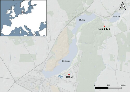 Figure 1. Map of the Jels lake complex. Marked on the map are the two previously excavated sites in the northern part of the lake complex and the newest site in the southern part. The area of the 2011 field survey is marked in blue. Map made using QGIS (QGIS Development Team Citation2019). Map data: naturalearthdata.com and kortforsyningen.dk.