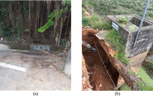 Figure 1. (a) The seepage water outside the embankment; (b) the collapse situation near a water supply riser due to failure to detect the underwater hollowed-out spot.