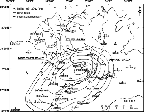 Fig. 11 Three-day Isohyetal pattern of the 24–26 June 1931 rainstorm over the Arunachal Pradesh Himalayas.