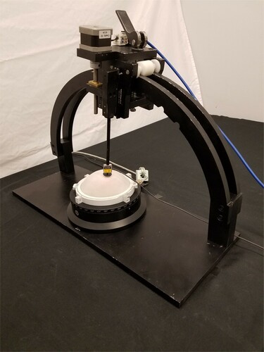 Figure 3. Arc device used to indent the surface of the phantom and record associated forces. (Near the centre of the photo, a white phantom sits in a white tray on the black turntable. Black arches support the indenter mechanism, shown at the ϕ=10 degree angle. The rod connects the indenter mechanism through the yellow force sensor to the black indenter head.)