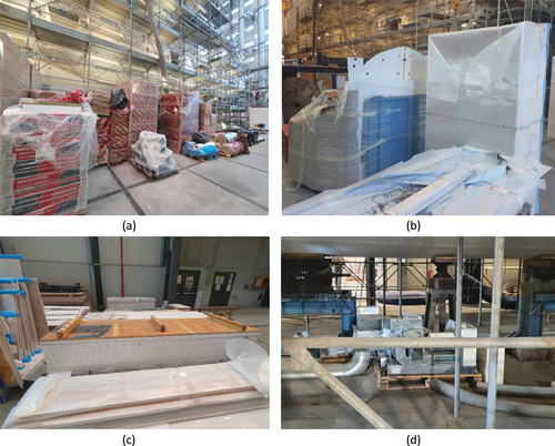 Figure 5. Examples of types of materials and packaging entering a shipyard: (a) packaging materials, (b) interior furnishings and fixtures, (c) insulation and soundproofing materials, (d) steel and metal supplies.