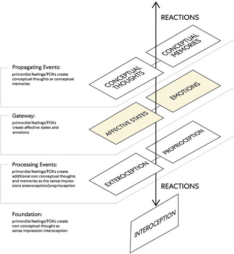 Figure 5. This components map model depicts the key role of interoception. The attention and reactions of mind (as an ‘observing ego’) are how it makes interoceptive predictions across a hierarchy of perceptual processing [Citation3]