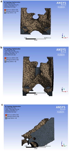 Figure 9. (a) Results of topology optimization front view. (b) Results of topology optimization top view. (c) Results of topology optimization side view