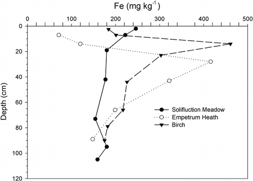 FIGURE 2. Extractable Fe contents by depth in selected solifluction meadow, Empetrum heath, and birch soils. Note the increase in the Bs horizons of the Empetrum and birch soils, indicating podzolization, not seen in the soils from less stable sites such as the solifluction soils