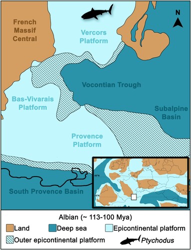 FIGURE 12. Lower Cretaceous paleogeographic maps with occurrences of Ptychodus from the Albian of Clansayes (Auvergne-Rhône-Alpes region, southern France; modified from Granier, Citation2017; see also Table S3 and Table S4 in Supplemental Data).