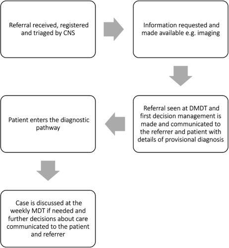 Figure 2 A depiction of the referral process in 2018 after the introduction of the DMDT; illustrating the steps taken to appropriately triage the referral and make a first management decision.
