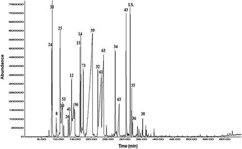 FIGURE 1 Total ion chromatogram of volatile compounds in T4 sample by GC-MS.