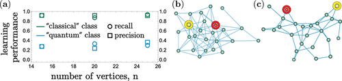 Figure 12. (a) CQCNN learning performance. Dataset consists of random graphs with and vertices, examples for each , and the corresponding classical and quantum labels. CQCNN was simulated during epochs, mini batches each with the batch size of examples. The neural network was tested on random graphs for each . (b), (c) establish random graph examples taken from the test set which were correctly classified by CQCNN (initial and target vertices are marked in yellow and red, respectively). The classical particle is faster on (b), whereas the quantum one is faster on graph (c).