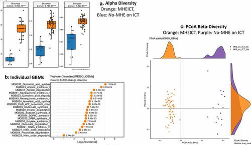 Figure 4. Gut brain module comparison between patients with MHEICT (n = 76) versus not (n = 21)1A: Alpha diversity analyses showed significantly higher diversity in the MHEICT group compared to no-MHE 1B: Cleveland plot derived from Metastats comparison 1 C: PCoA showing a significant separation between groups