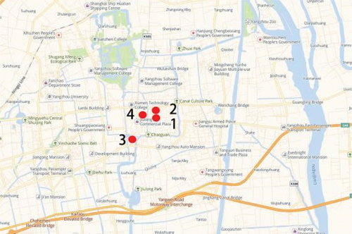 Figure 2. Location of the four old public bathrooms in Yangzhou.