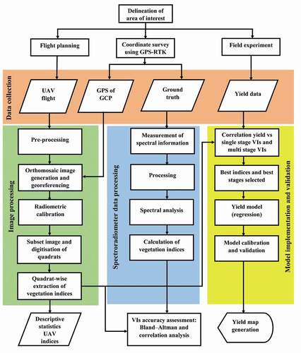 Figure 2. Image processing workflow and proposed method for estimating Bambara groundnut yield using the low cost UAV imaging system.