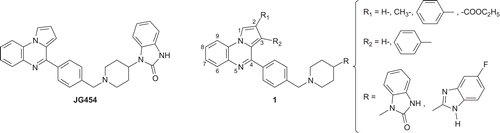 Figure 2.  Structure of compound JG454, and general structure of new synthesized substituted pyrrolo[1,2-a]quinoxaline derivatives 1.