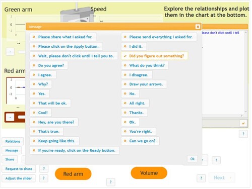 Figure 4. The pop-up window for the Message button in the knowledge acquisition phase. The tick indicates that Student 1 has selected a message to share, which will appear in the chat window after he presses OK (see Figure 6).