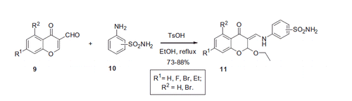 Scheme 5. Preparation of sulfonamide containing chromone derivatives 11.