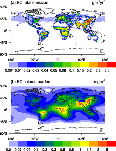 Figure 1. Spatial distribution of (a) BC emissions (g m yr) in 2005 and multi-year (50-year) mean (b) BC column burden (mg m).