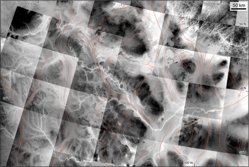 Figure 5. Southern portion of the Interior Plains seen in a mosaic of Canadian Digital Elevation Data tiles (see Figure 1 for location). Displaying hypsography separately for each tile enhances topography in areas with low relief. Networks of ice stream tracks, represented by corridors of smooth topography as well as isolated areas of streamlined terrain can be seen in the data. Lateral margins are drawn by a dotted line (where distinguished) and centre-lines of the ice stream tracks are drawn by full lines.