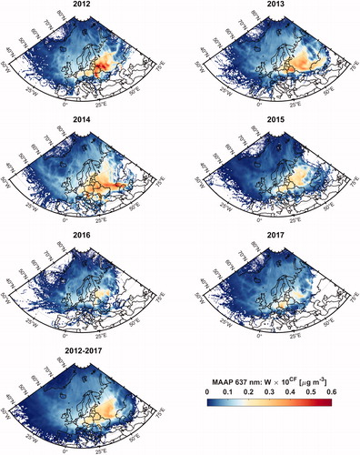 Fig. 7. The endpoint-weighted concentration fields of equivalent black carbon (BCe) in 2012–2017.