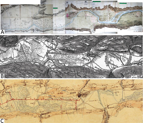 Figure 2. The study area as it is represented in the Napoleonic Plan (A), the Dufour Map (B) and the Railway Map (C). (Courtesy of ©Archives de l’Etat du Valais, AEV and Swisstopo).