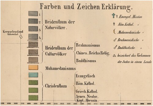 Fig. 4. Detail from Grundemann, Missions-Weltkarte, Citation1862. A key explaining colours and lettering.