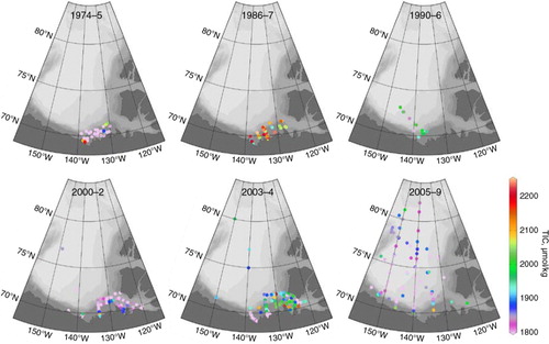 Fig. 4  Maps of surface (0–20 dbar) total inorganic carbon (TIC) by date intervals.