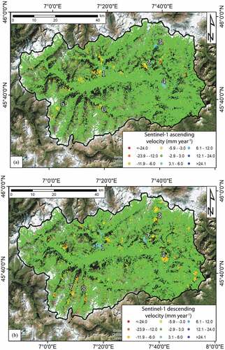 Figure 4. Deformation maps, derived using the SqueeSAR algorithm, for the VdA Region. (a) ascending orbit results, (b) descending orbit results. 1) Punta Chaligne DSGSD; 2) Torgnon DSGSD; 3) Cervinia DSGSD; 4) Emarese DSGSD; 5) Valgrisenche Valley; 6) Cogne Valley; 7) Rhêmes Valley; 8) Valsavarenche Valley. The maps are overlaid on a ESRI World Imagery map