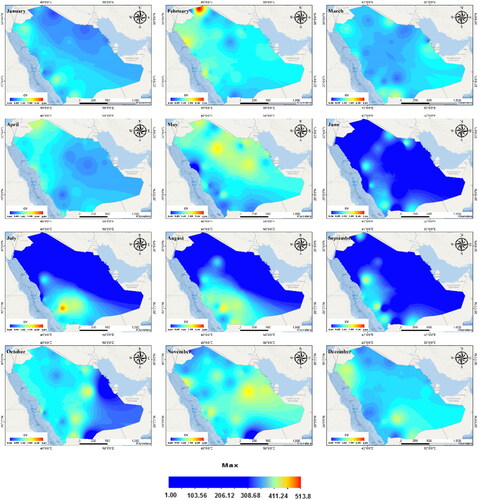 Figure 3. Spatiotemporal distribution of the maximum monthly rainfall depth for the stations in the current study from January to December.