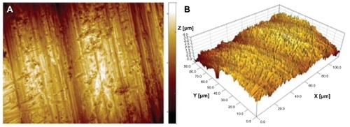 Figure 2 Surface microscale roughness of the cylindrical part of a machined titanium implant recorded with an optical profilometer. (A) top view, (B) three-dimensional view. In both images, the x, y and z range is 120, 90 and 4 μm respectively.