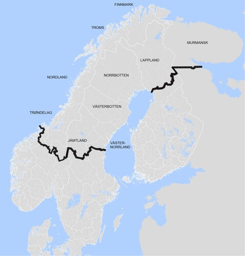 Figure 1. Map showing approximate border of Sápmi (black line) across the states Norway, Sweden, Finland, and Russia, and names of provinces within Sápmi. The Sámi homeland is not formally delineated by any state, and different maps show different borders. The border on this map follows the southern borders of the South Sápmi Sámediggi Electoral Constituency (Norway), Jämtland and Västernorrland provinces (Sweden), Lappland province (Finland), and Murmansk province (Russia). Map made by author utilizing Nordregio.org’s open map source Nordmap.se.