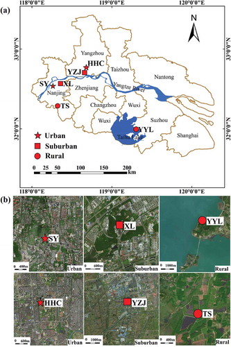 Figure 1. Map showing (a) the location of Yangtze River Delta (YRD) and (b) sampling sites. The image of each site derived from Google Earth.