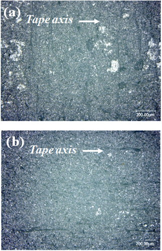 Figure 112. Optical microscopy images of (a) flat rolled and (b) uniaxially pressed tapes.