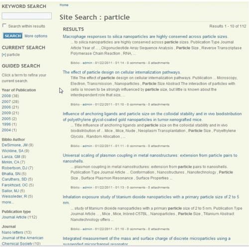 Figure 7 The user interface of the keyword “particle” with multiple navigation areas and statistics.Note: Users can type any keyword(s) to retrieve articles related to nanomaterial environmental impact.