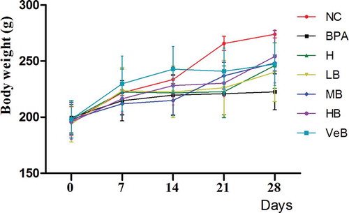 Figure 2. Effects of Cordyceps militaris (C. militaris) and/or bisphenol A (BPA) on the changes of body weight. NC: normal control group; BPA represents the group treated with 200 mg/kg BPA; H (high dose of C. militaris group) represents 800 mg/kg C. militaris extract administered group; LB (low concentration of C. militaris combined with BPA group), MB (middle concentration of C. militaris combined with BPA group), and HB (high concentration of C. militaris combined with BPA group) represent the rats co-administrated 200 mg/kg BPA with 200, 400, and 800 mg/kg C. militaris, respectively; VeB (Vitamin E combined BPA group) represents 200 mg/kg BPA + 300 mg/kg Vitamin E administered group.