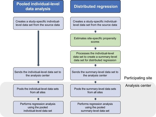 Figure 3 Workflow to perform pooled individual-level data analysis and distributed regression analysis.